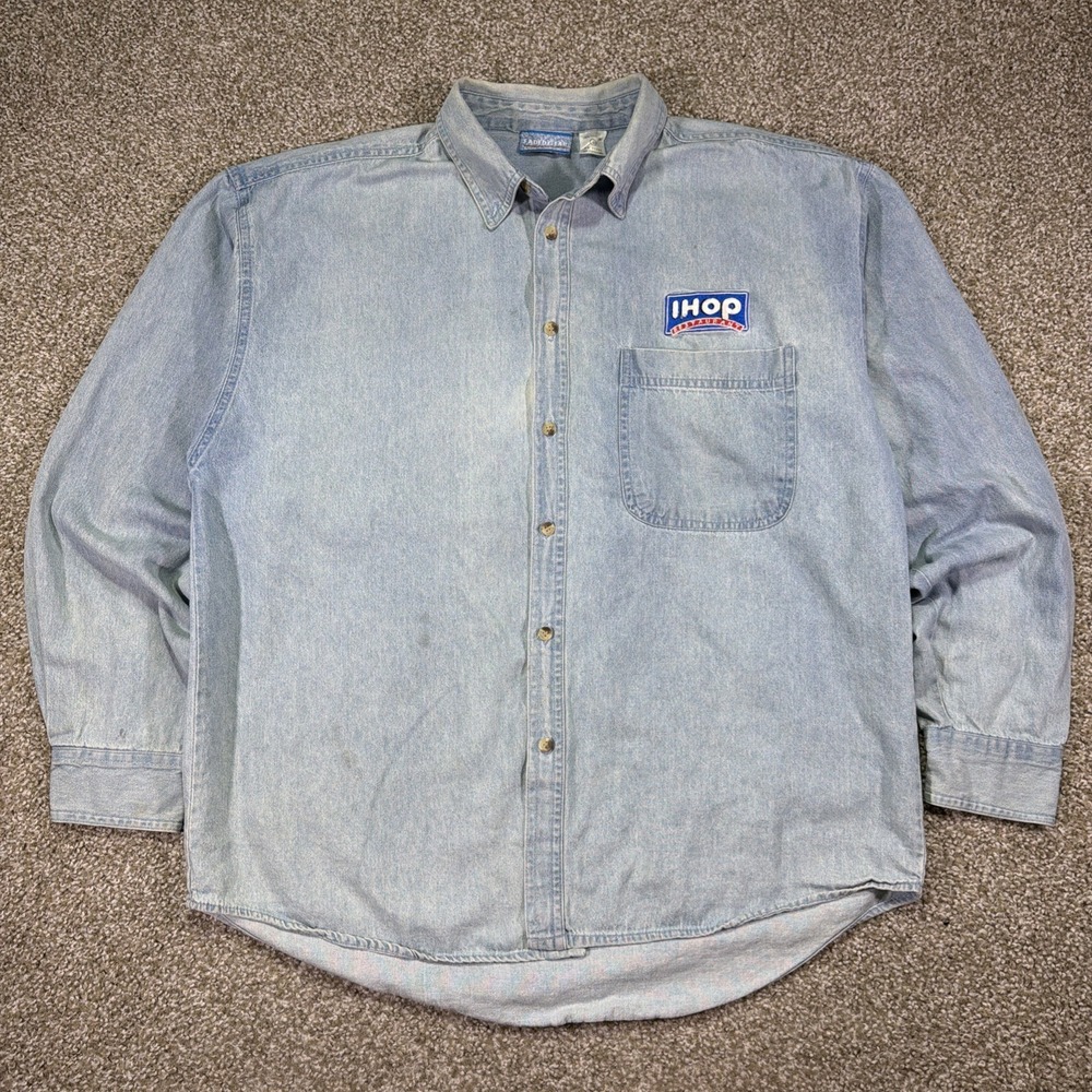 Vintage IHOP Denim Button Down Shirt 90s Large Faded Essentials